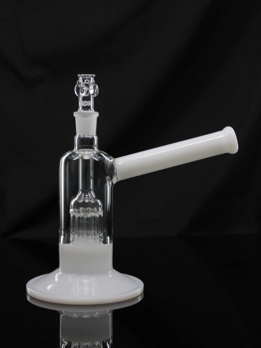 ROOR Tech Fixed 10-Arm Tree Bubbler in white with clear glass and stemless design on black background