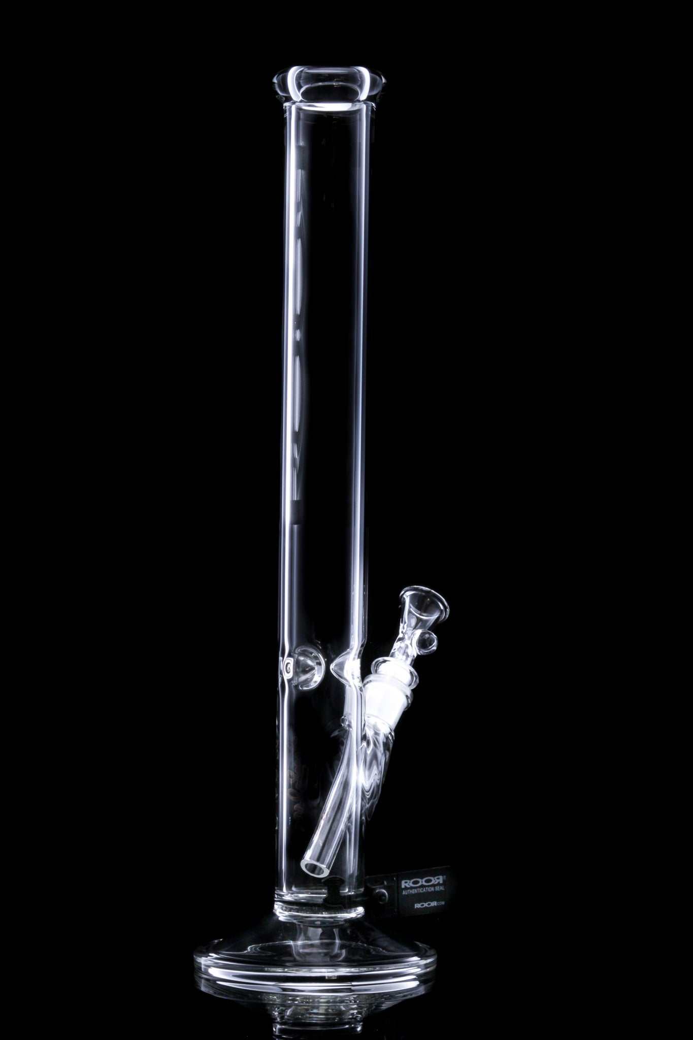 ROOR® Classic 18" Straight 45x5mm Black glass bong with clear straight tube and angled downstem on black background