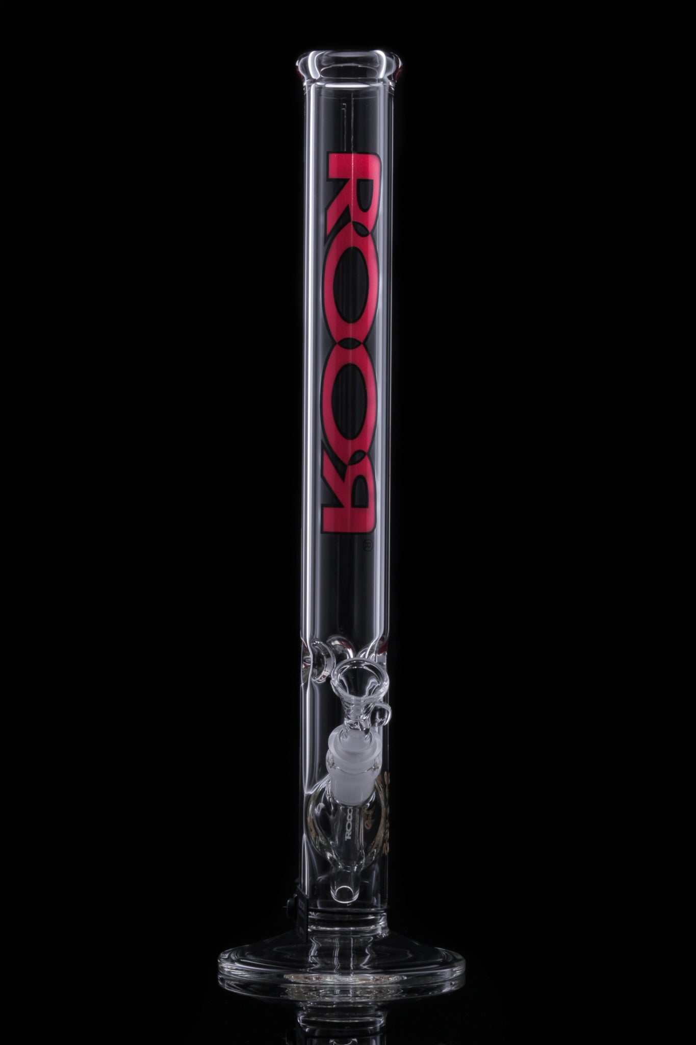 ROOR Classic 18-inch straight glass bong with red and black logo on clear german Schott glass
