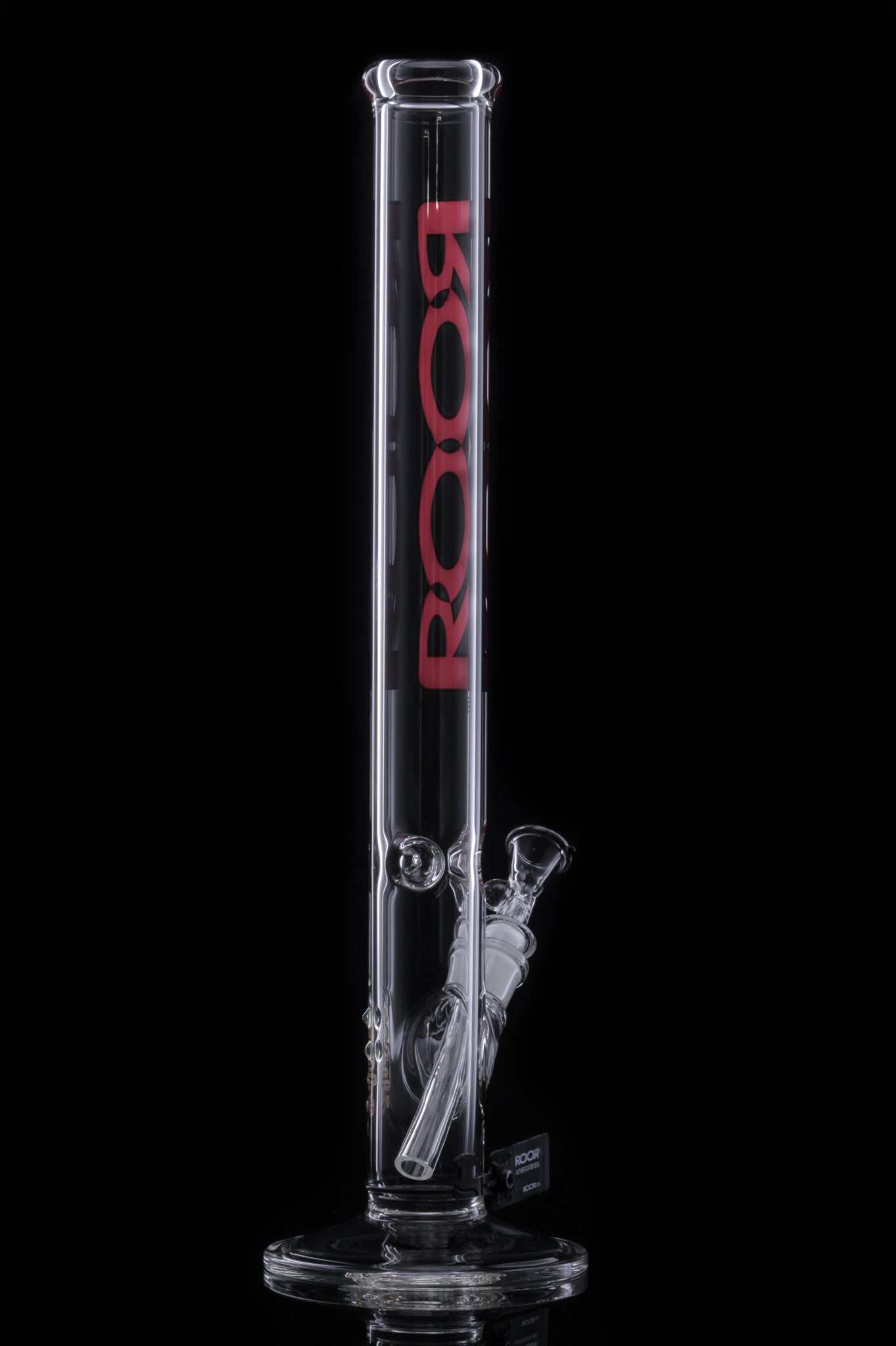 ROOR Classic 18 inch straight glass bong with red and black logo on clear German Schott glass