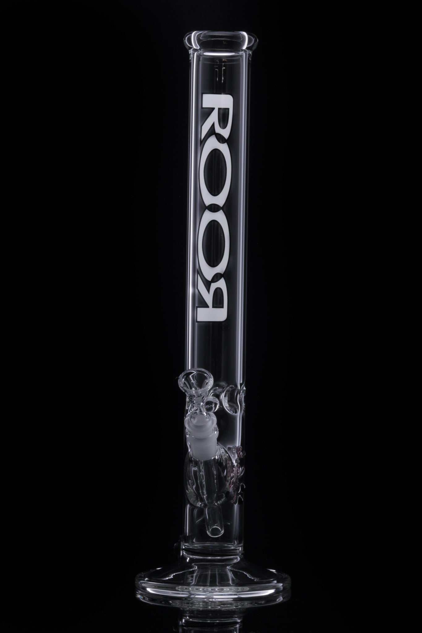 ROOR Classic 18 inch straight glass bong with white and black logo on clear German Schott glass