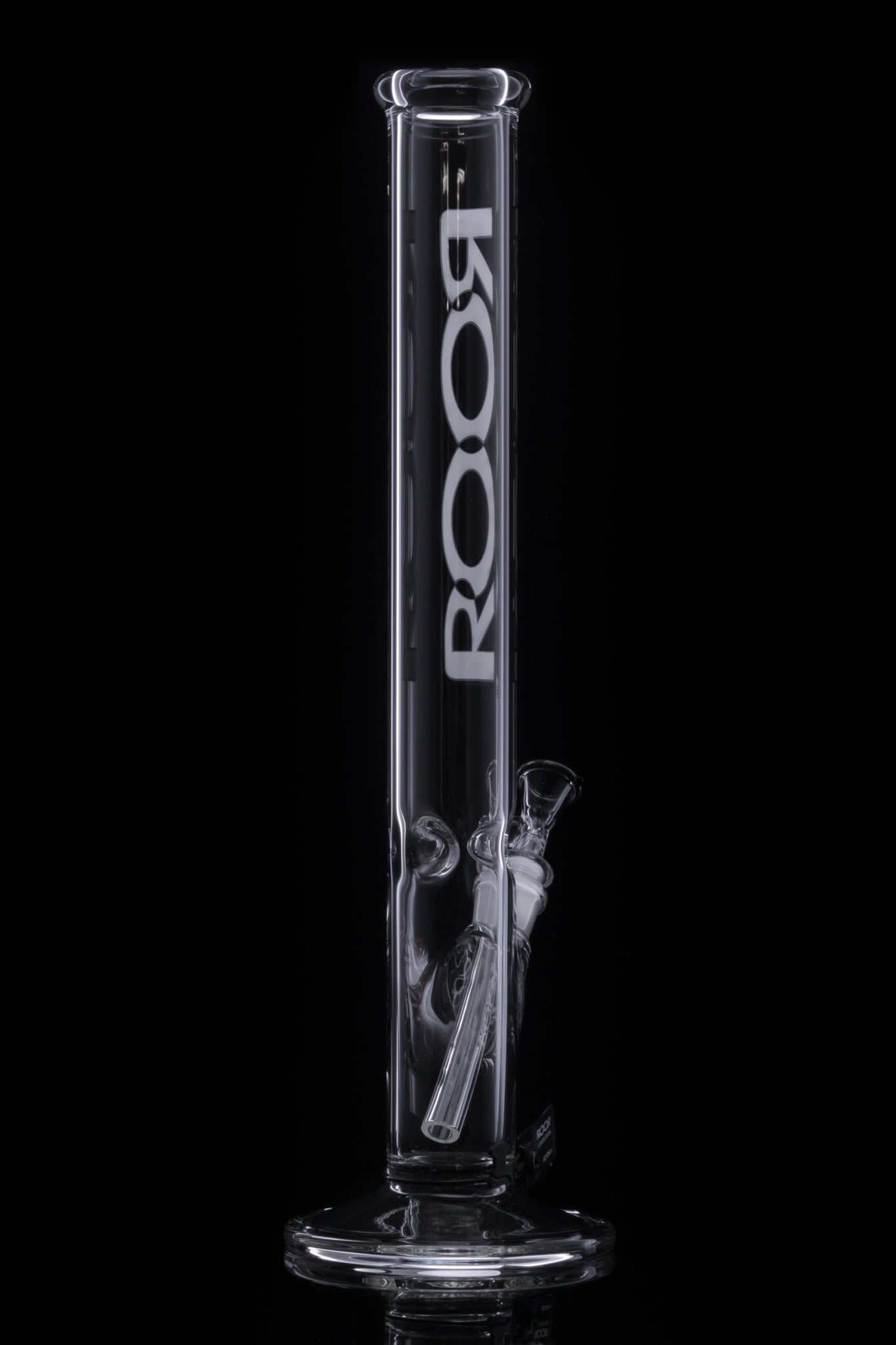 ROOR Classic 18 inch straight glass bong with white and black logo on black background
