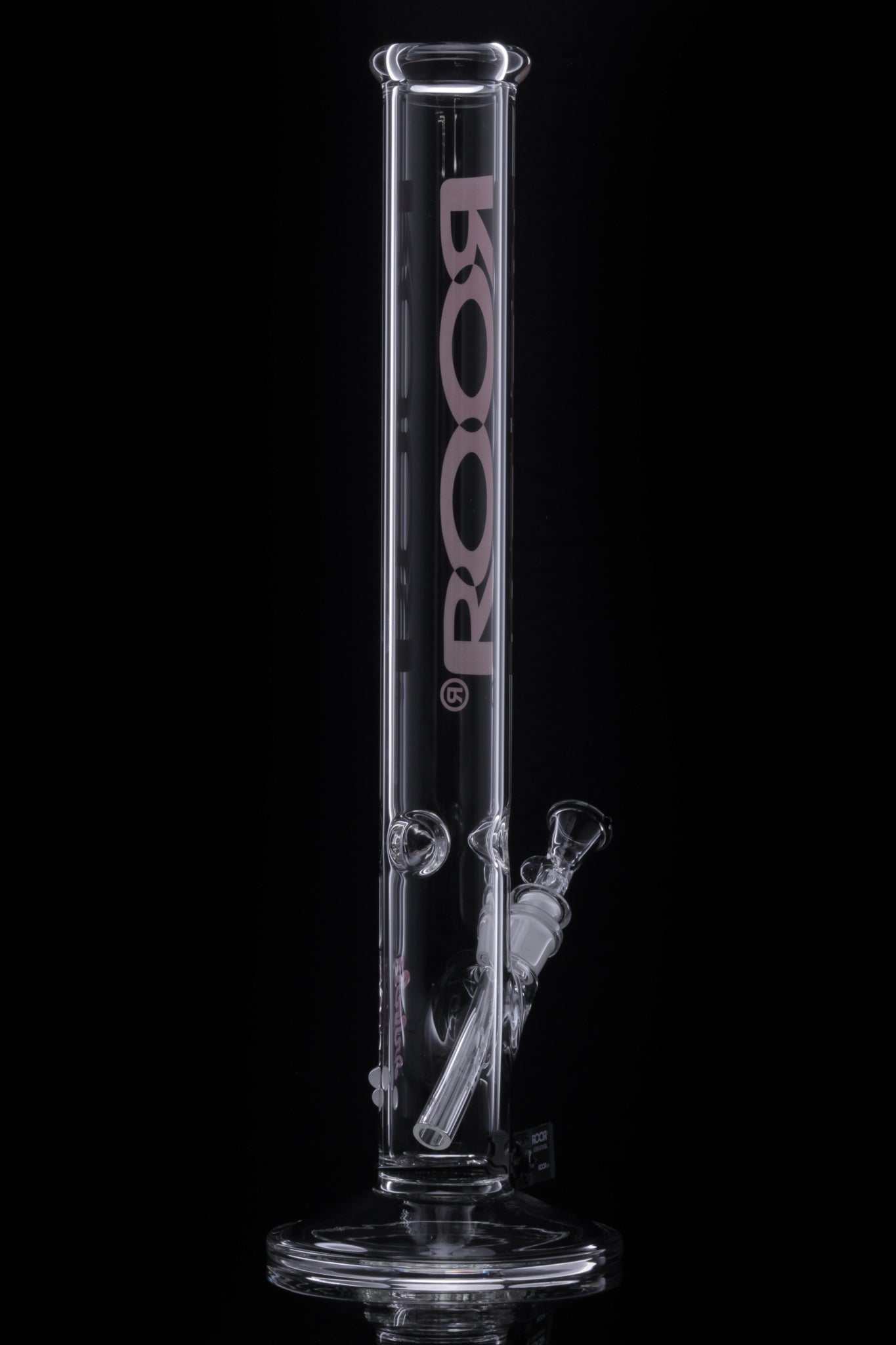 ROOR Classic 18" Straight glass bong 50x5mm pink decal on black background