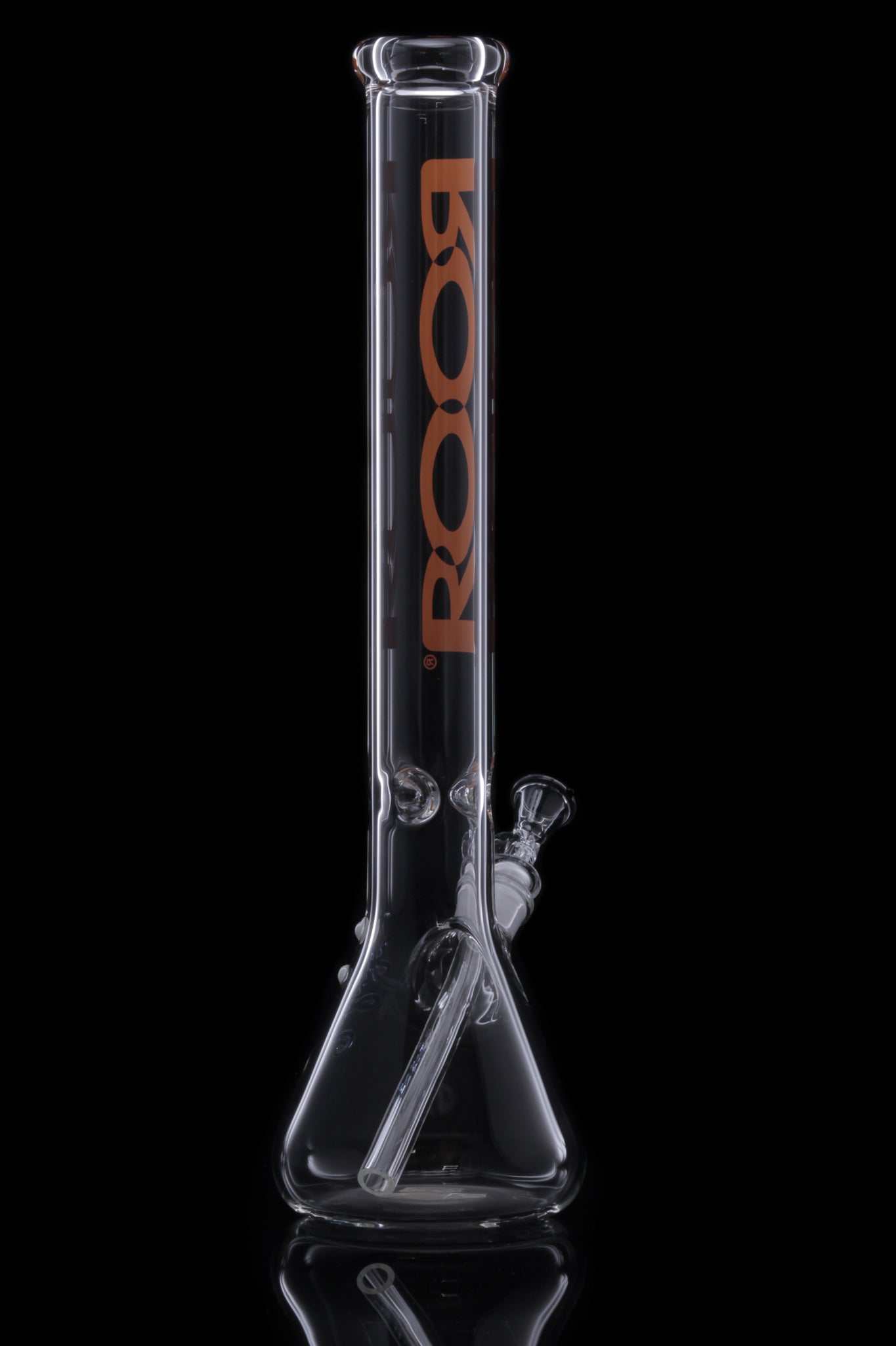 ROOR Classic 18 inch beaker bong with orange logo on clear glass, 50x5mm German Schott glass beaker base