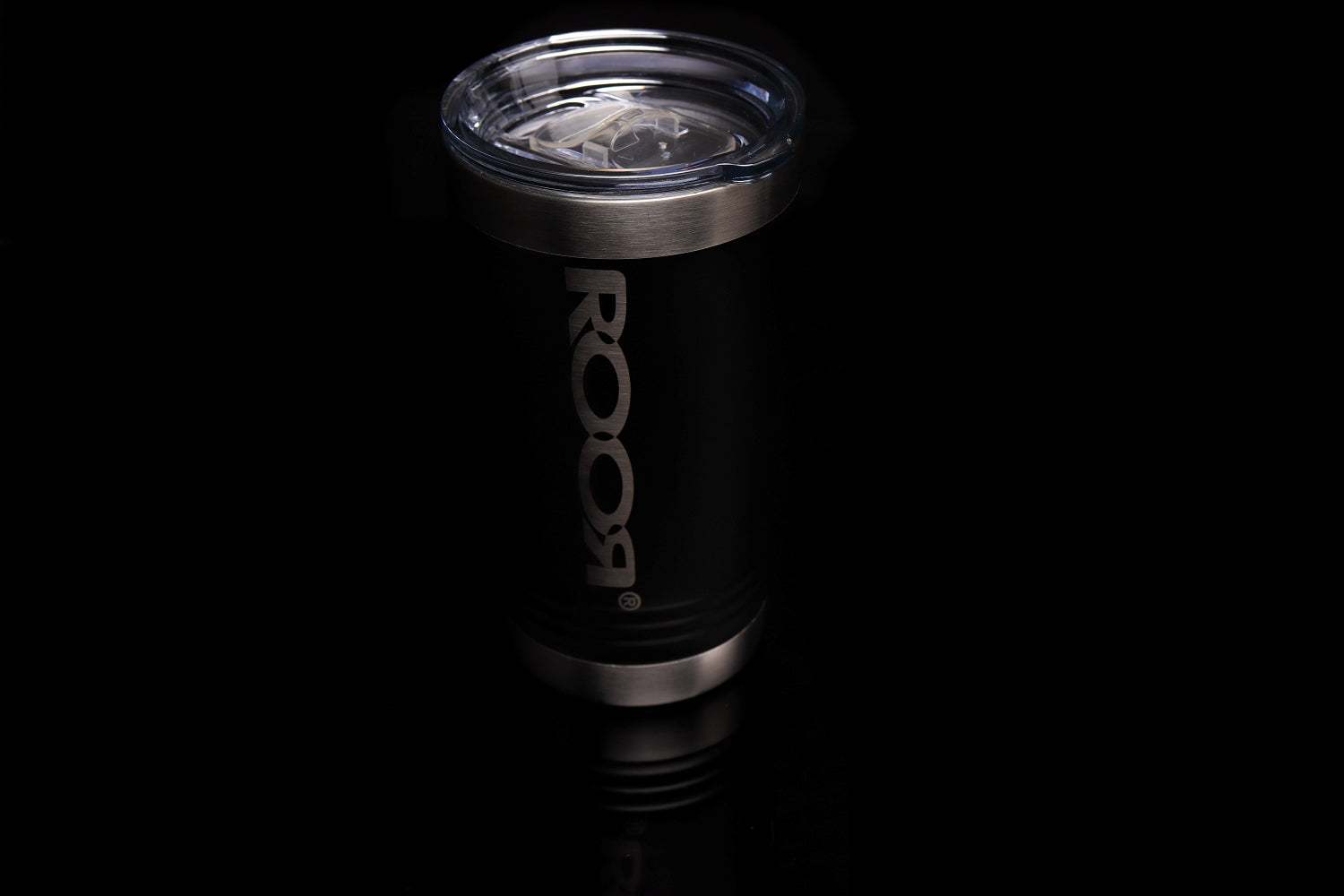 ROOR Tumbler 16oz stainless steel laser-engraved with slider lid on black background