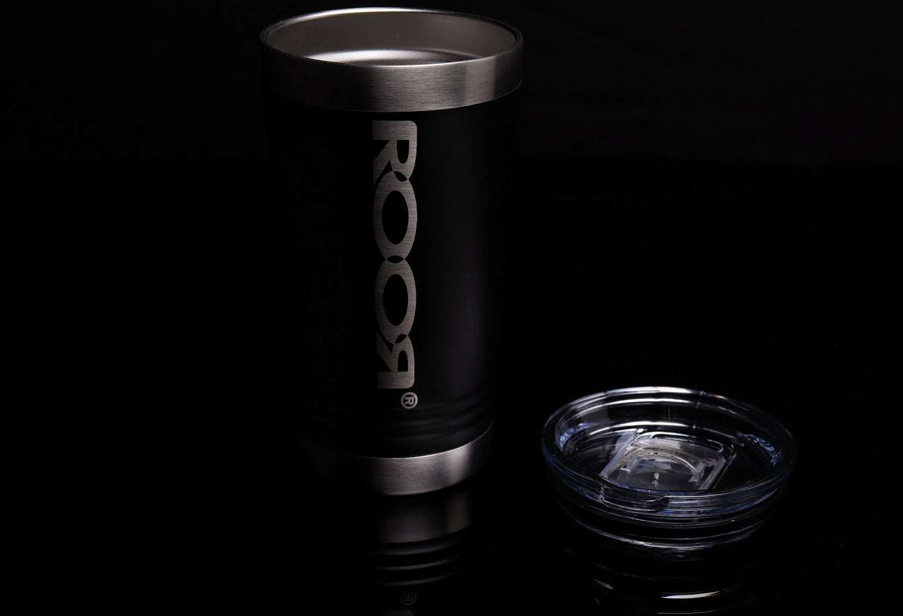 ROOR Tumbler 16oz stainless steel laser-engraved with slider lid and transparent cover on black background