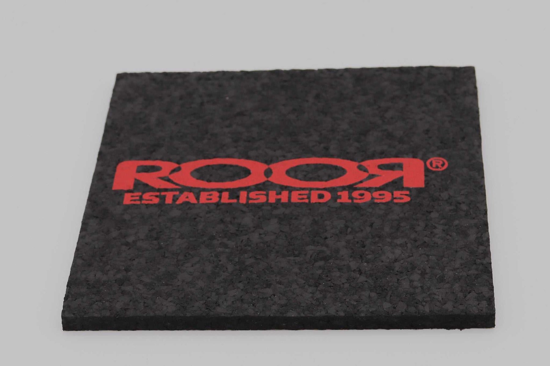 ROOR Coaster Square with red logo, 6x6 inches, rubber cork material.