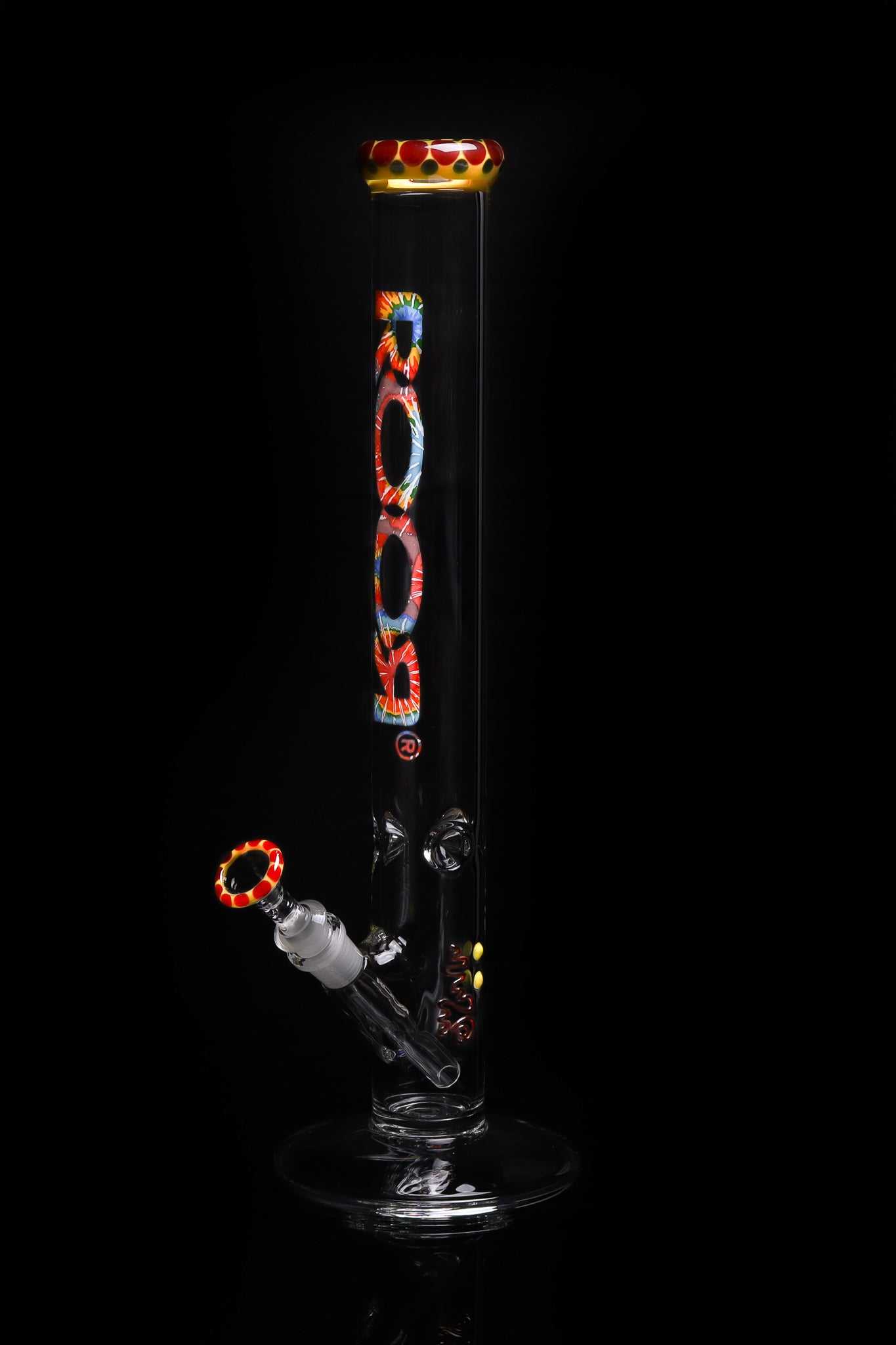 ROOR Classic 18" straight glass bong with tie dye design and pearl dots on mouthpiece and bowl