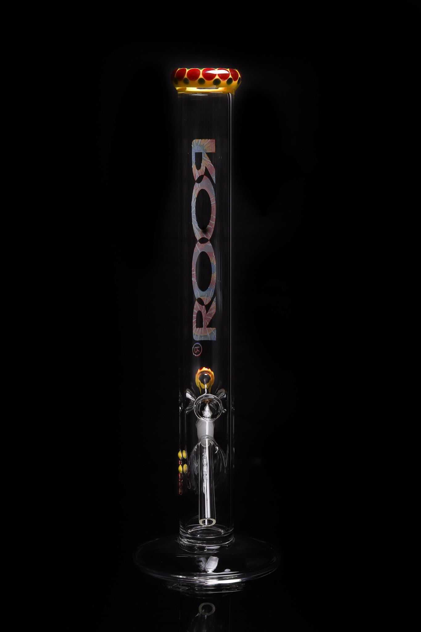 ROOR Classic 18" Straight glass bong with 50x5mm tie dye decal and pearl dots on mouthpiece and bowl