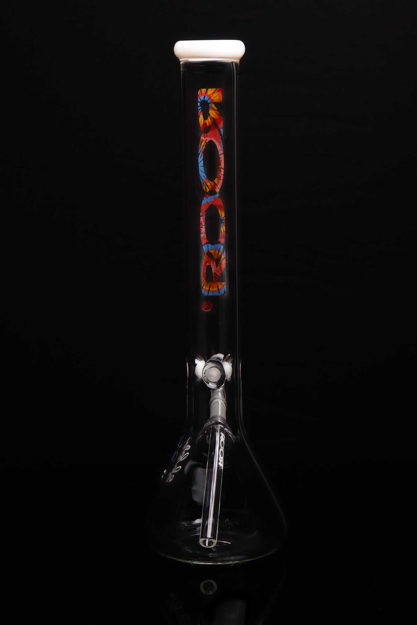 ROOR® Classic 18" Beaker with Tie Dye Mouthpiece, 50x5mm, German Schott glass, ice pinch, and white decal.
