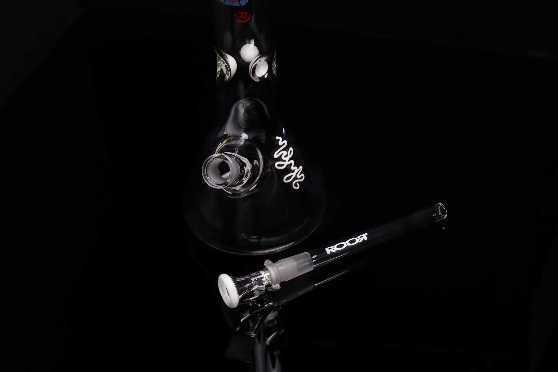 ROOR® Classic 18" Beaker with Tie Dye Mouthpiece and Downstem on Black Background.