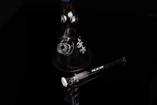ROOR® Classic 18" Beaker with Tie Dye Mouthpiece and Downstem on Black Background.