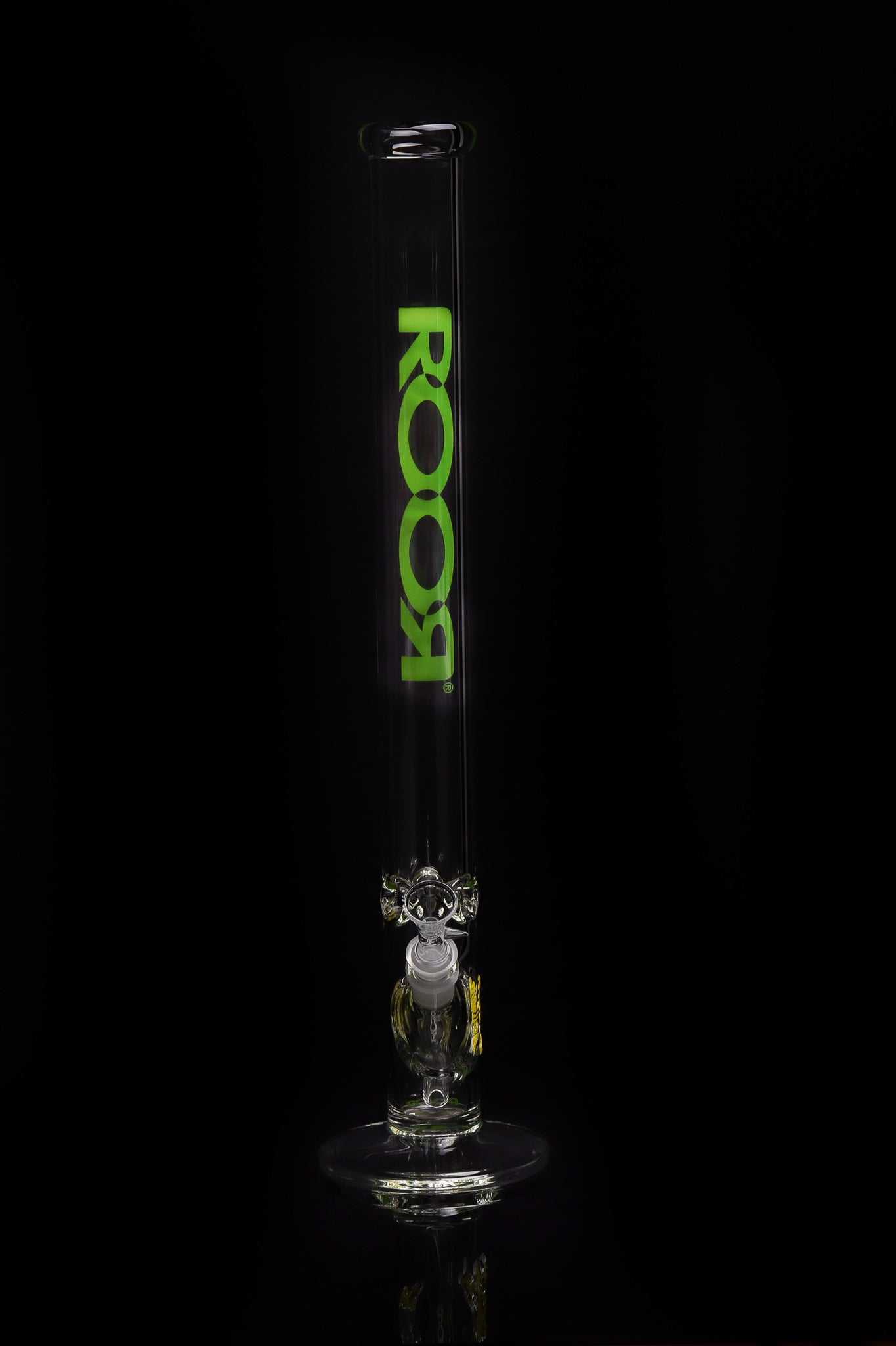 ROOR Classic 22 inch straight glass bong with green logo and clear base isolated on black background