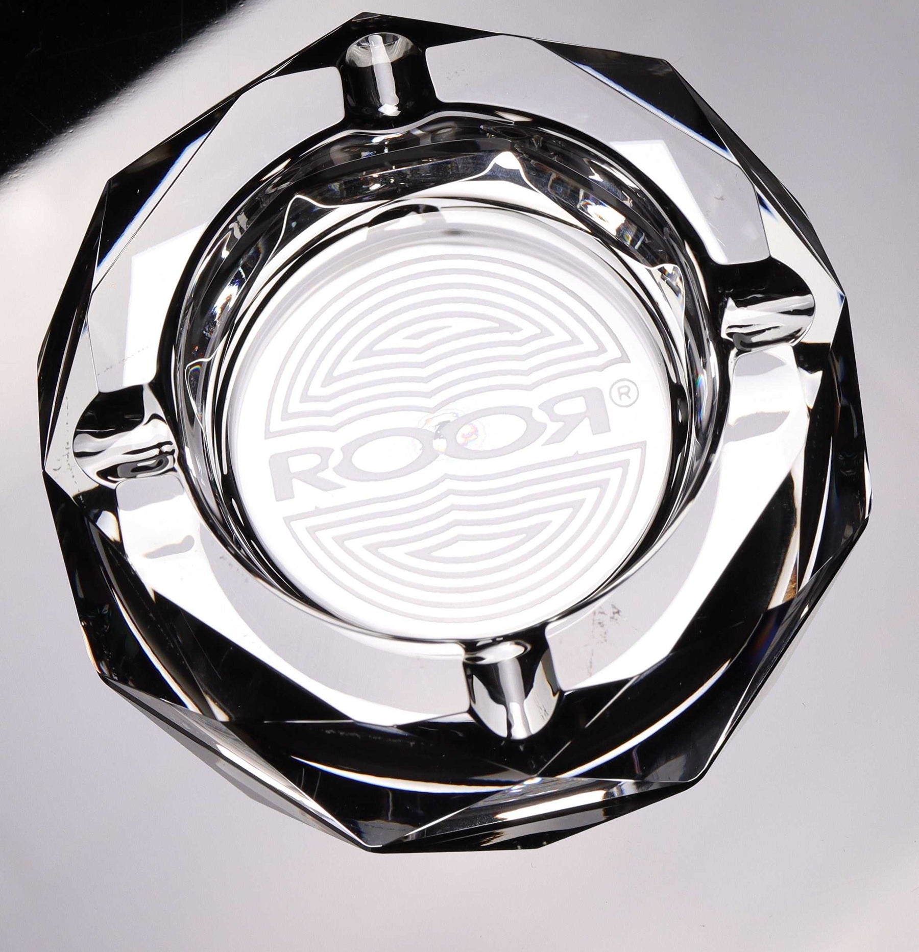ROOR Glass Crystal Cut Ashtray with hand-cut crystal design and engraved ROOR logo
