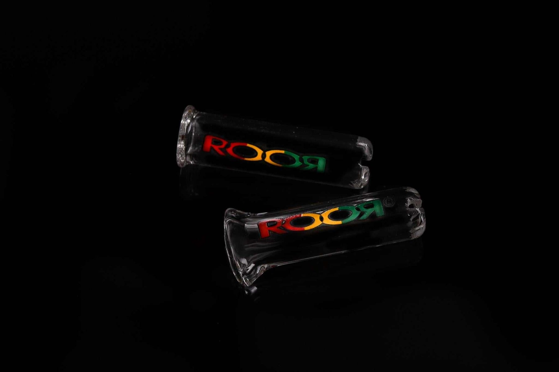 ROOR Plus Tip 8mm Single glass tips with colorful decals on a black background.