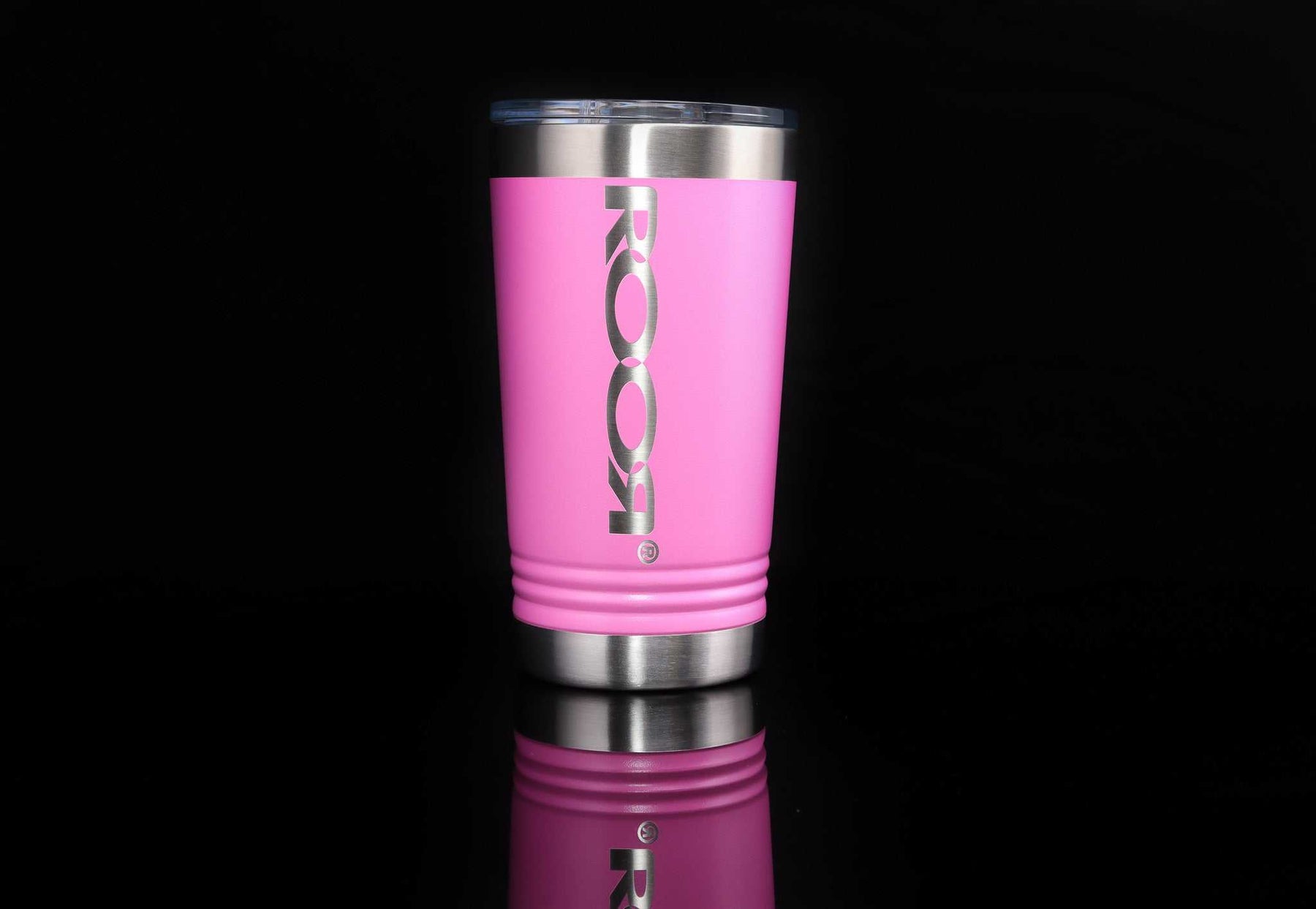 ROOR Tumbler 16oz stainless steel laser-engraved pink insulated cup with slider lid on black background