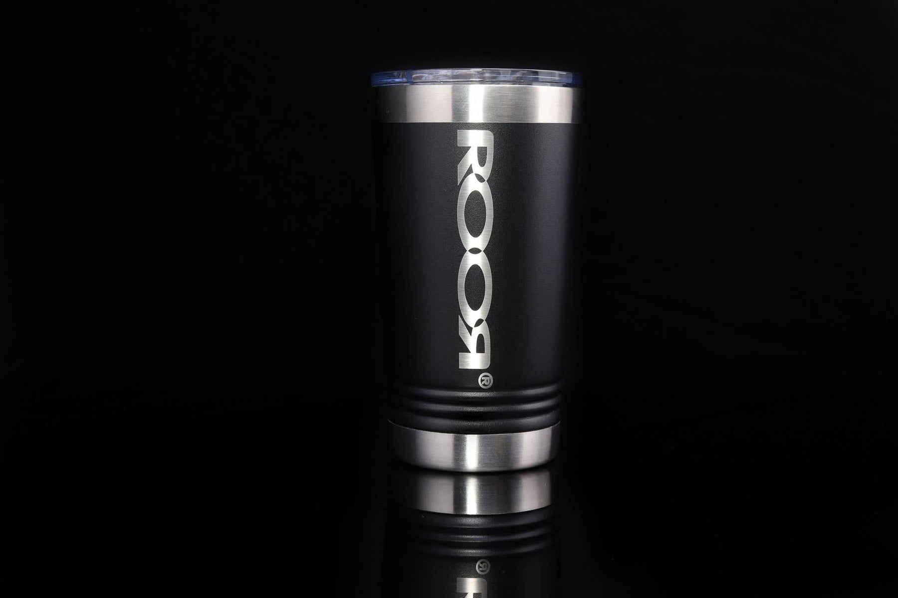 ROOR 16oz stainless steel tumbler with laser-engraved logo and slider lid on black background