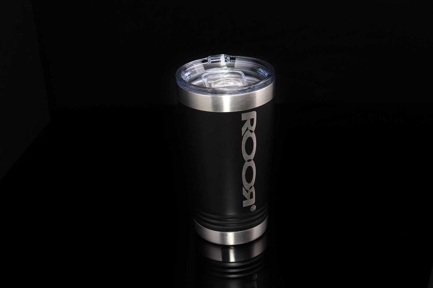 ROOR Tumbler 16oz stainless steel laser-engraved black with slider lid on black background
