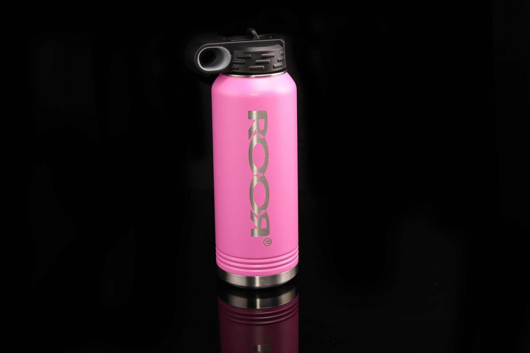 Pink ROOR Water Bottle 32oz on black background, logo displayed.