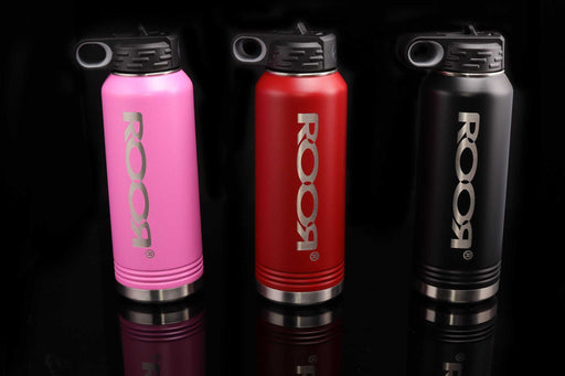 ROOR Water Bottle 32oz in pink, red, and black.