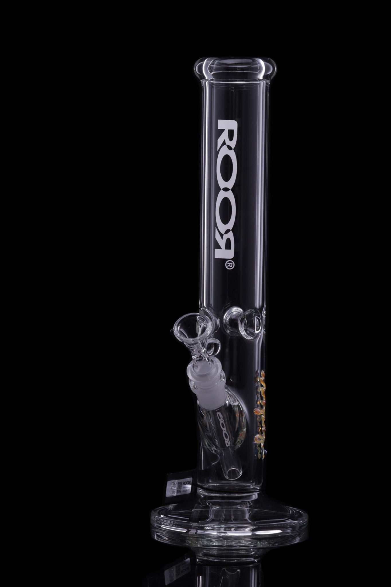 ROOR Classic 14-inch straight glass bong with white logo and ice pinches, made from 50x5mm thick German Schott glass