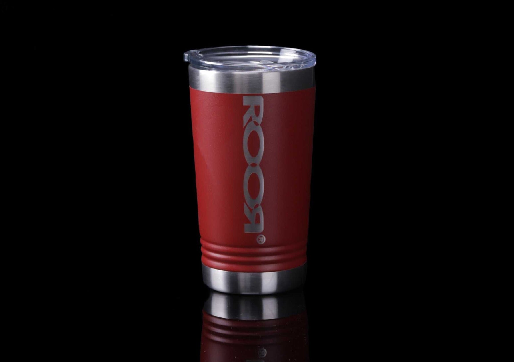 Red ROOR Tumbler 16oz stainless steel with laser engraving and slider lid on black background