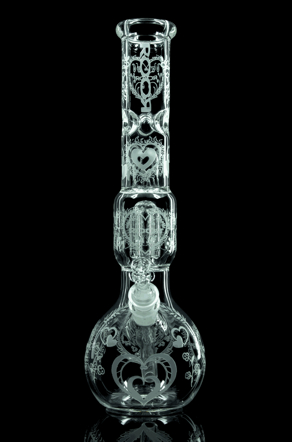 ROOR Tech 4-Arm Tree Bubble Base Love Edition glass bong with heart design.