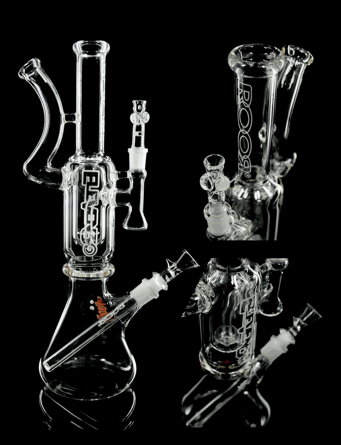 ROOR 1130 Mini Beaker glass water pipe with dual chambers and clear design on black background