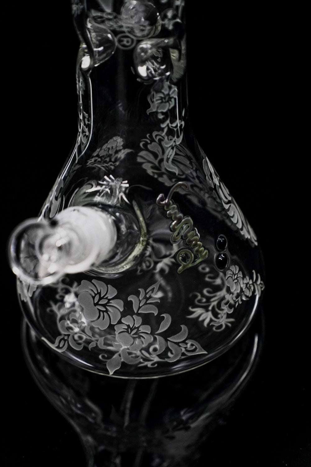 ROOR® Sandblasted 14" Beaker with floral design, German Schott glass, unique signature on base.