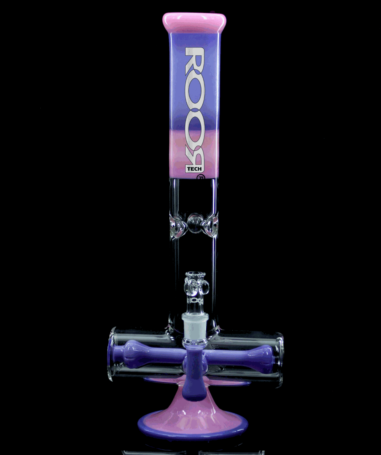 ROOR Tech 18 inch inline bong with purple and pink solid glass colors and built-in percolator on black background