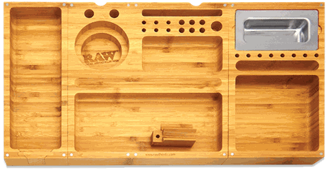 RAW Triple Flip Rolling Tray wooden multi-compartment with magnetic locking and integrated ashtray