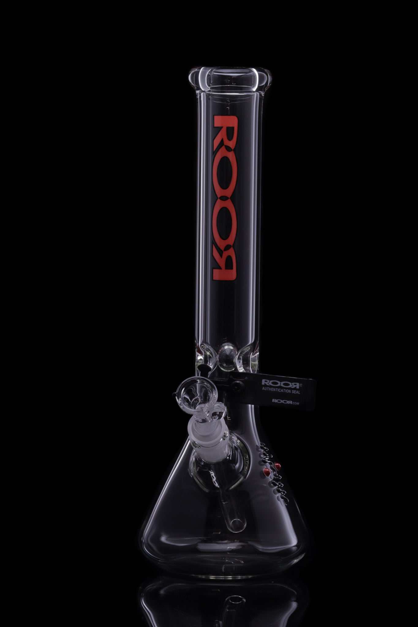 ROOR® Classic 14" Beaker 45x5mm glass water pipe with red and black logo on a black background