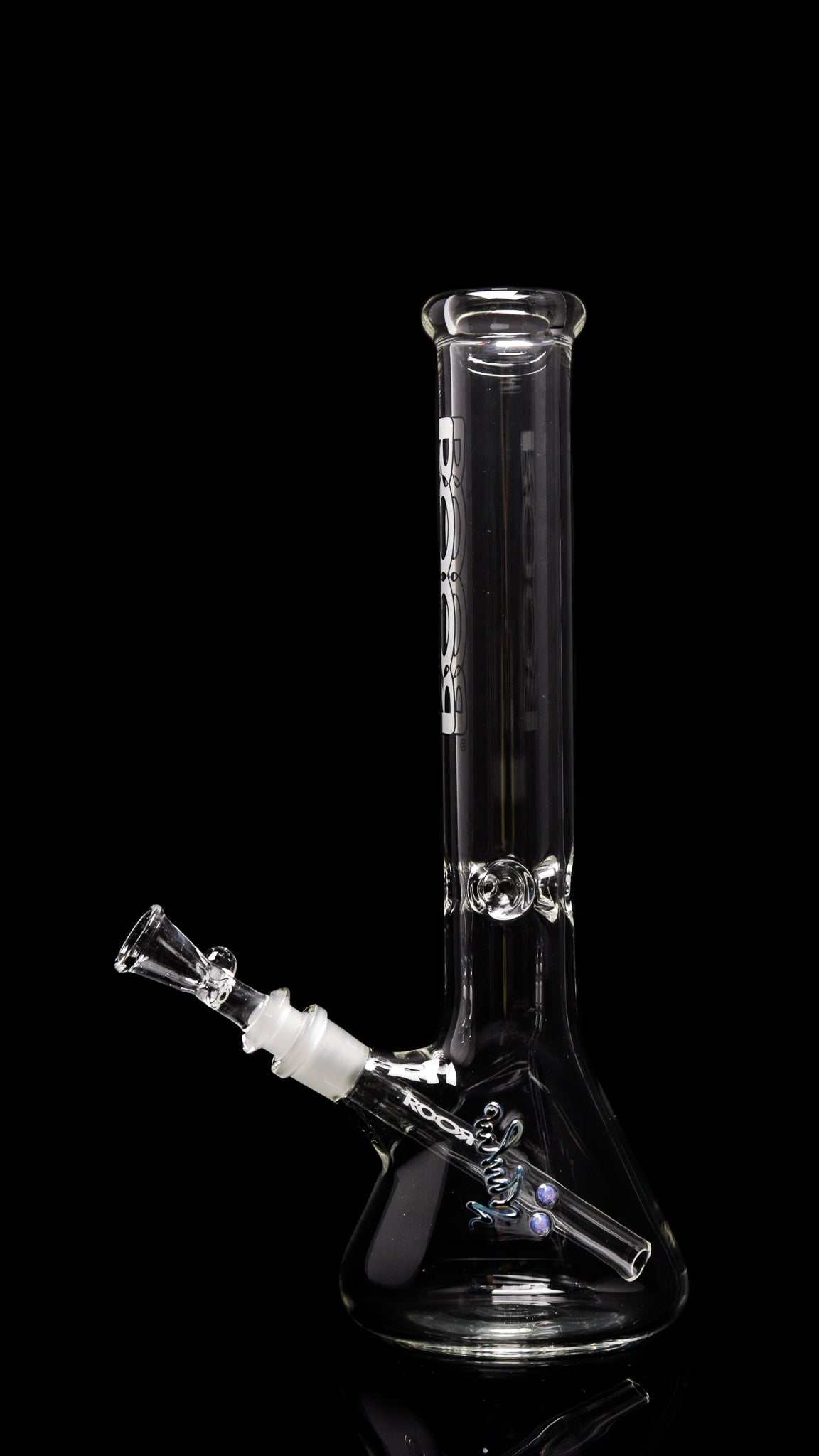 ROOR® Classic 14" Beaker 45x5mm thick glass with white and black decal, featuring ice pinches and open-ended downstem.