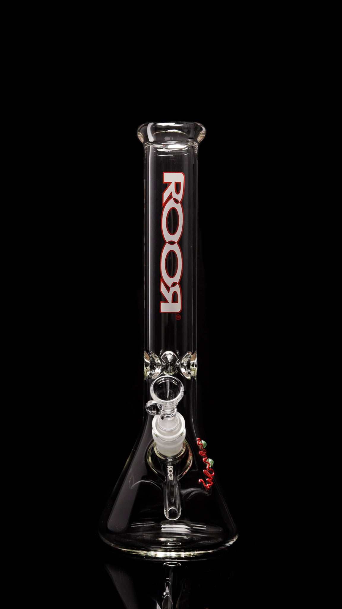 ROOR® Classic 14" glass beaker bong with white and red outline logo on 45x5mm thick German Schott glass