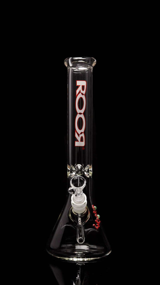 ROOR® Classic 14" glass beaker bong with white and red outline logo on 45x5mm thick German Schott glass