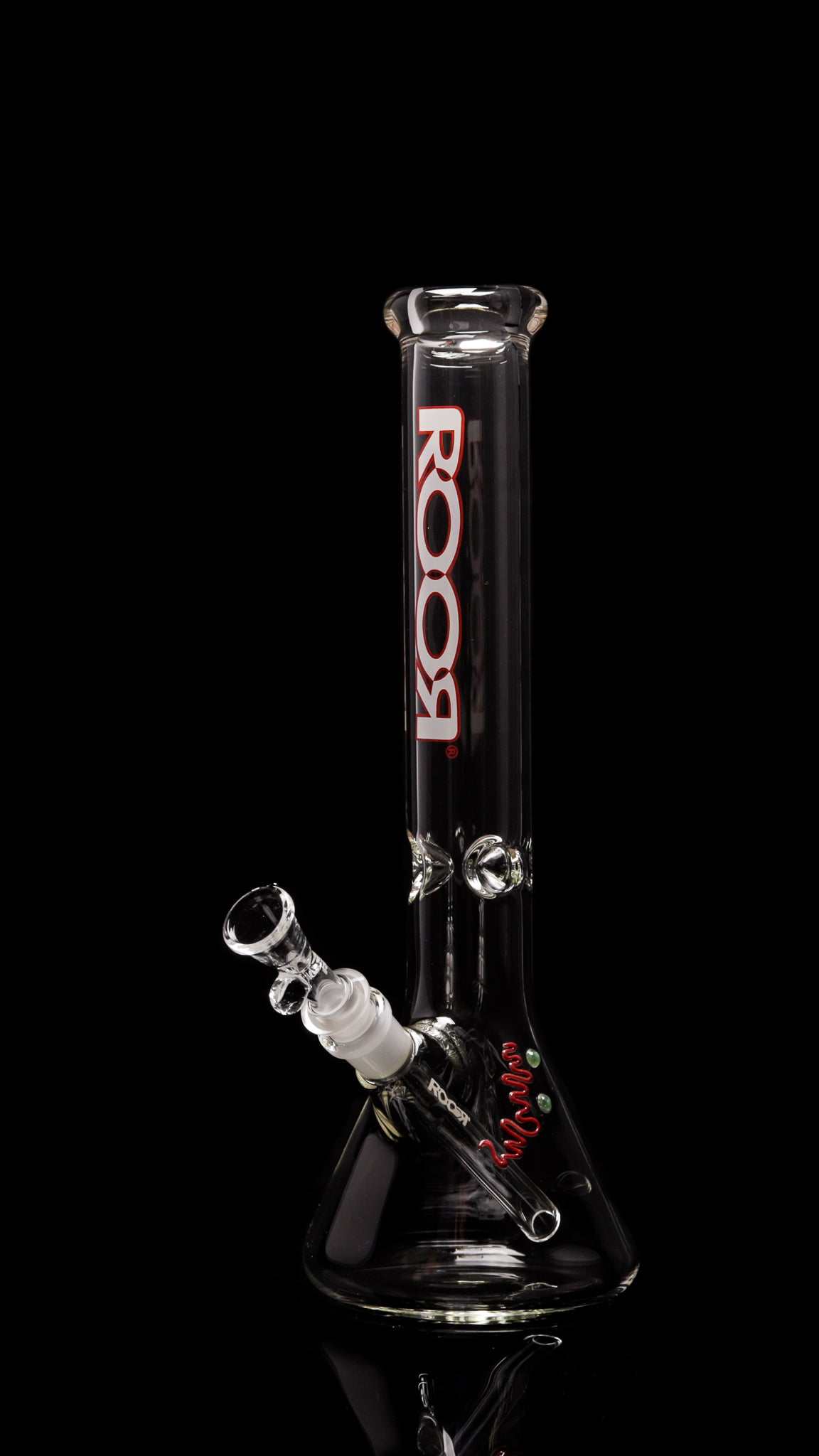 ROOR Classic 14-inch clear glass beaker bong with white and red outline logo and ice pinches