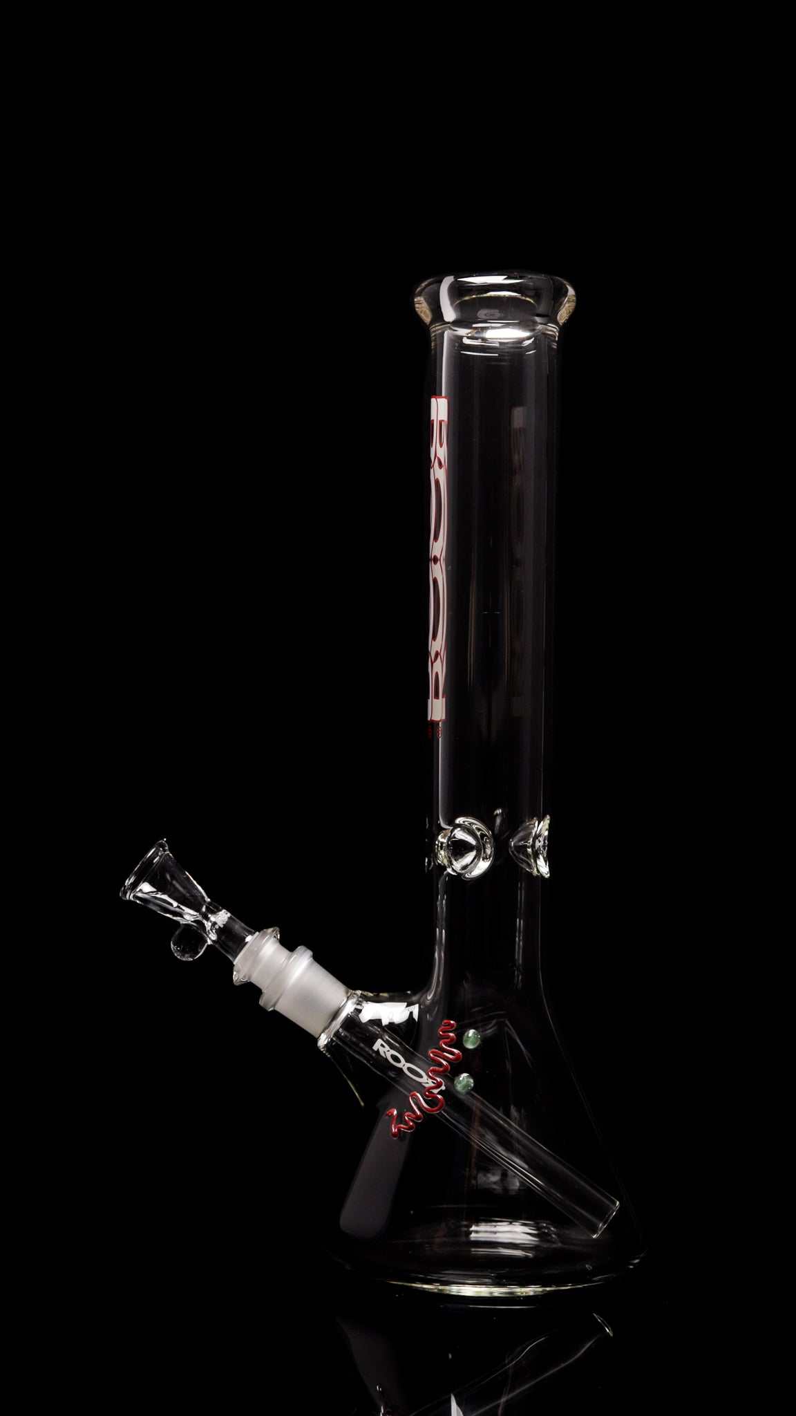ROOR Classic 14-inch beaker bong with 45x5mm German Schott glass, white and red outline decal, and ice pinches for cooling hits