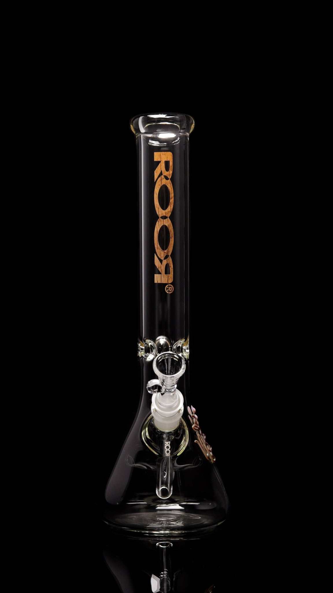 ROOR® Classic 14" Beaker 45x5mm with woodgrain decal on black background.