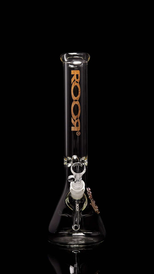 ROOR® Classic 14" Beaker 45x5mm with woodgrain decal on black background.