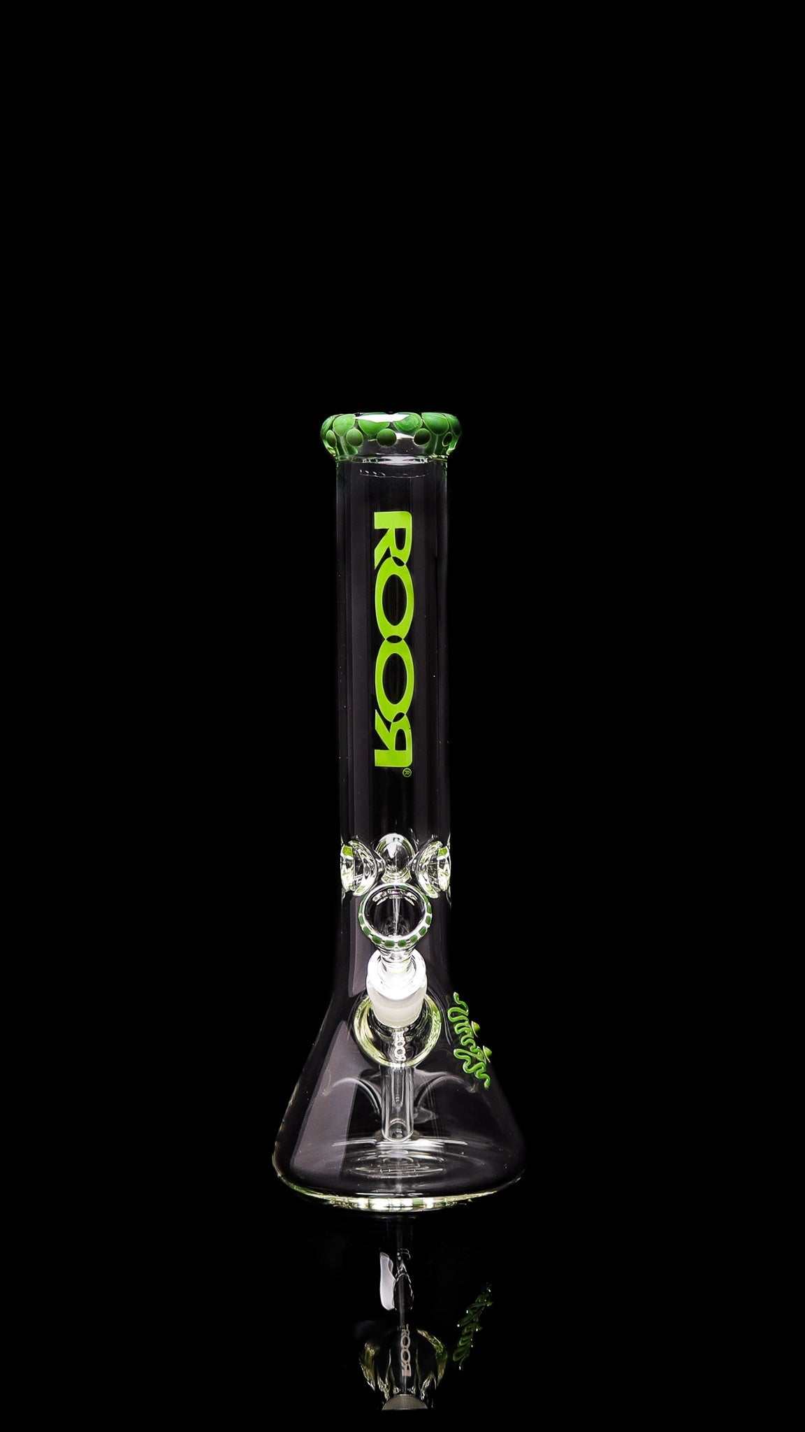 ROOR® Classic 14" Beaker with Green Pearl Dot, 50x5mm glass, and ice pinches for cooling.