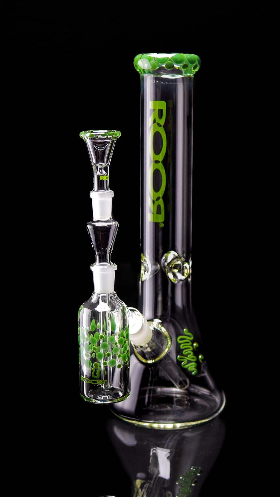 ROOR® Classic 14" Beaker with Green Pearl Dot, 50x5mm German Schott glass, includes custom mouthpiece and bowl.