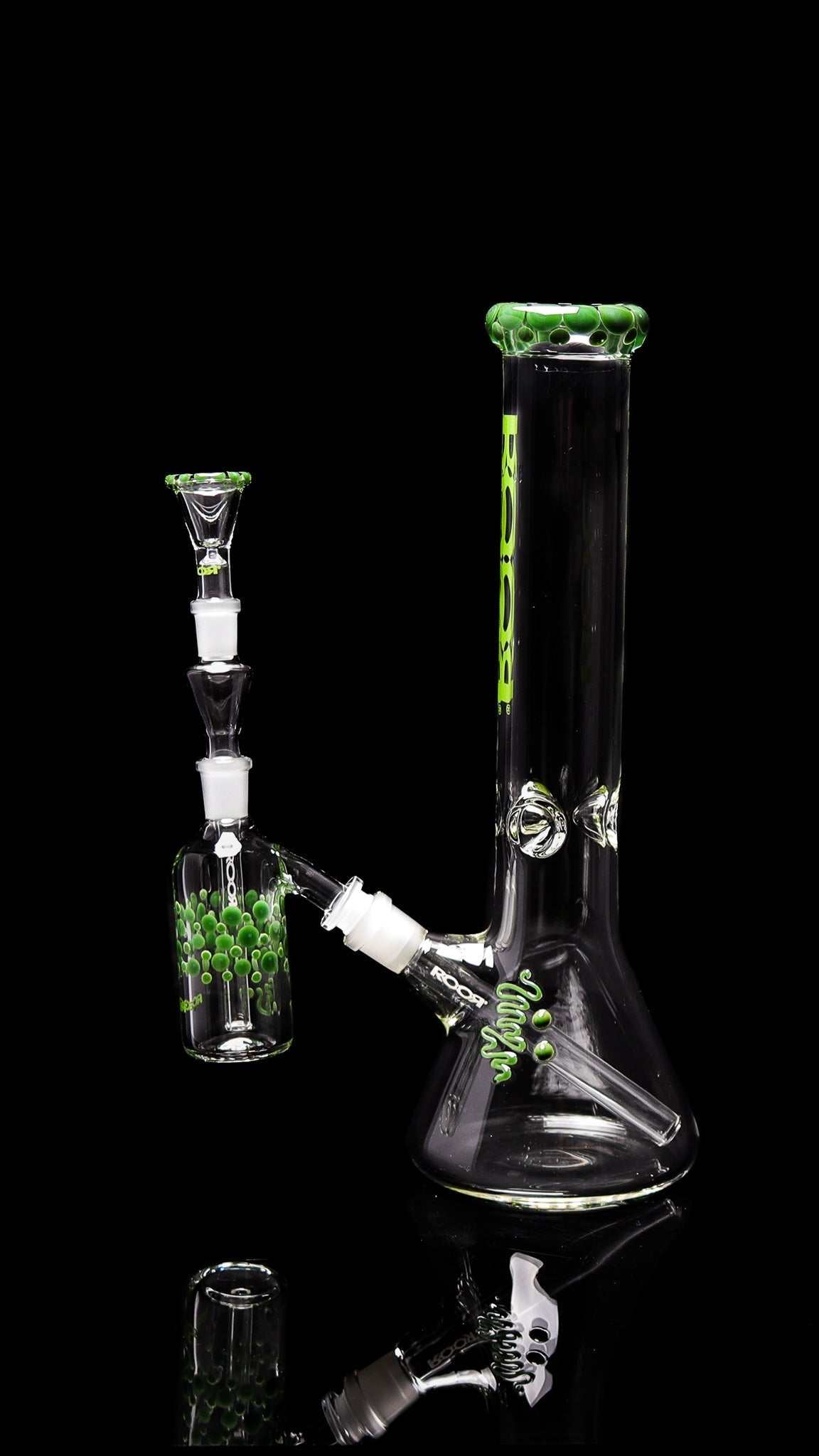 ROOR® Classic 14" Beaker with Green Pearl Dot mouthpiece and matching bowl, German Schott glass.