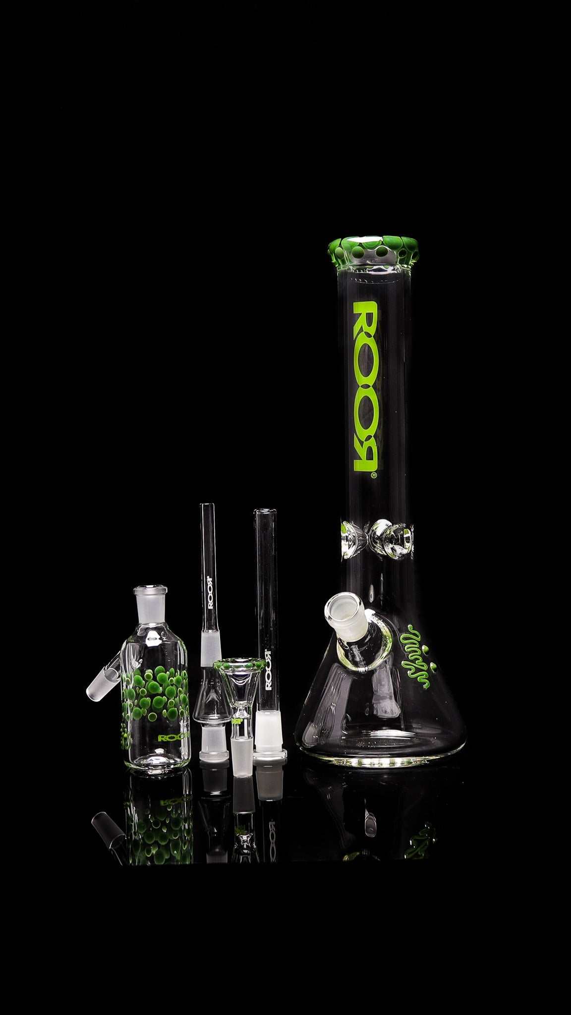 ROOR® Classic 14" Beaker 50x5mm with Green Pearl Dot, glass base and accessories, against a black background.