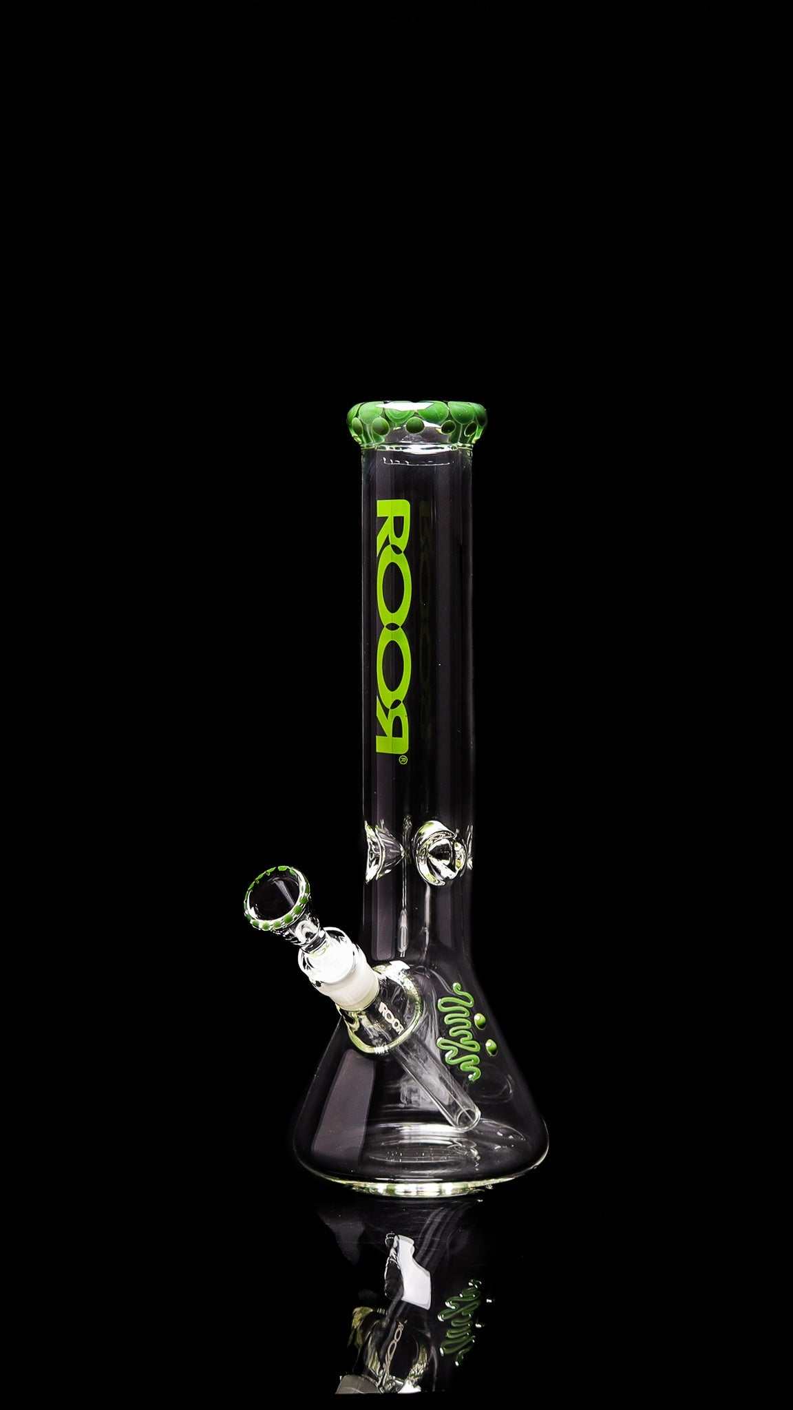 ROOR® Classic 14" Beaker with Green Pearl Dot, 50x5mm German Schott glass, featuring ice pinches and green accents.