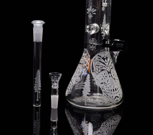 ROOR® Sandblasted 14" Beaker 50x5mm with Sugar Skull design, hand-measured downstem, gold decal funnel bowl, and authentication seal.