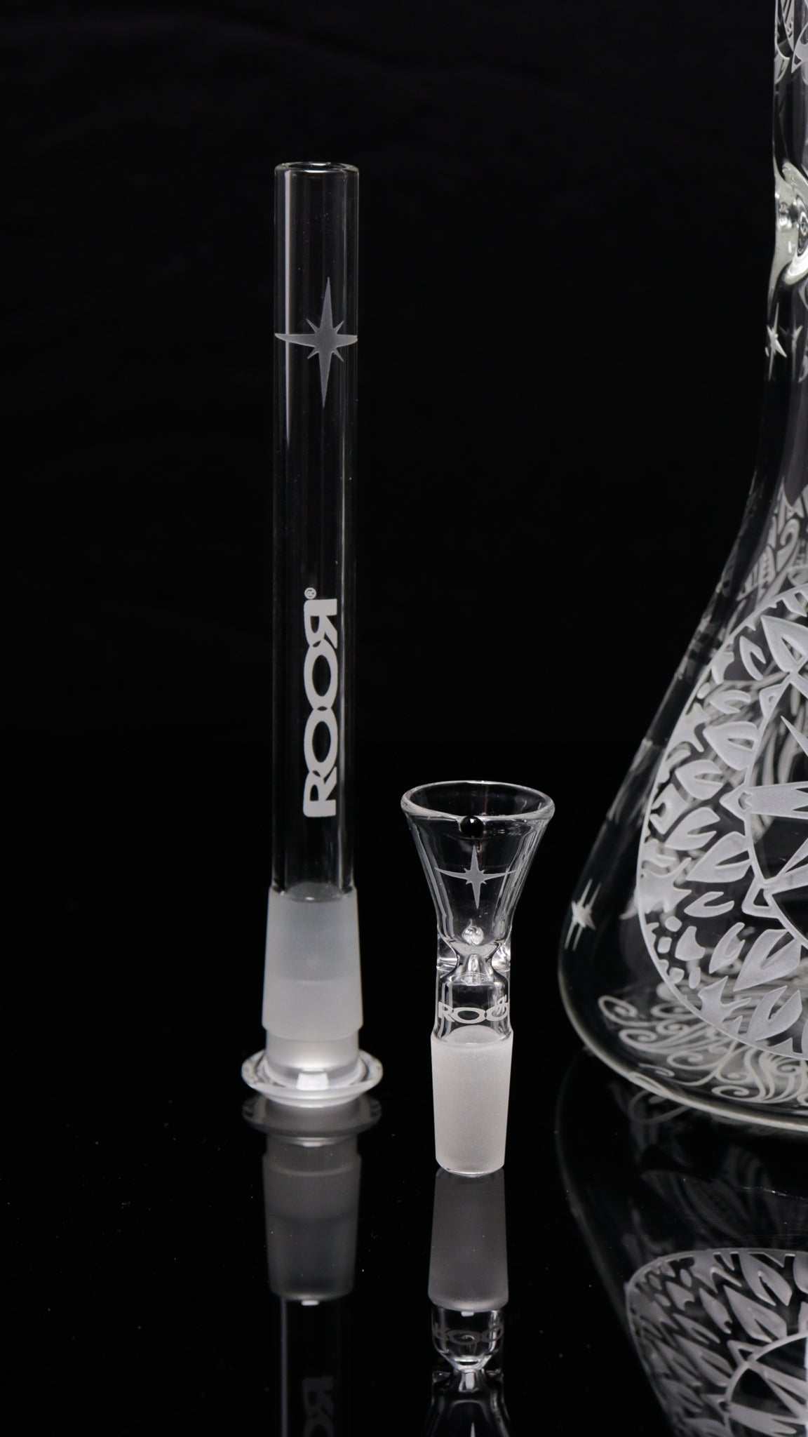 ROOR® Sandblasted 14-inch beaker glass tube and bowl on reflective black surface