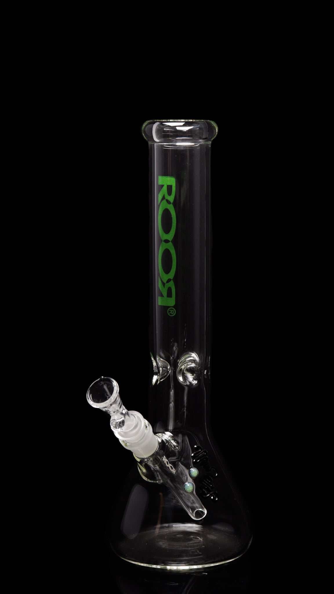 ROOR® Classic 14" green decal beaker bong made of thick German Schott glass with ice pinches and downstem.