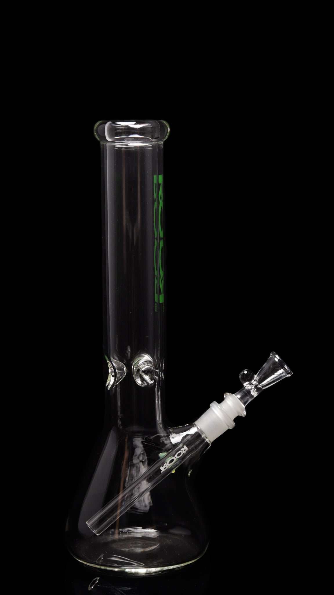 ROOR Classic 14-inch green decal beaker bong with 50x5mm German Schott glass and downstem against black background