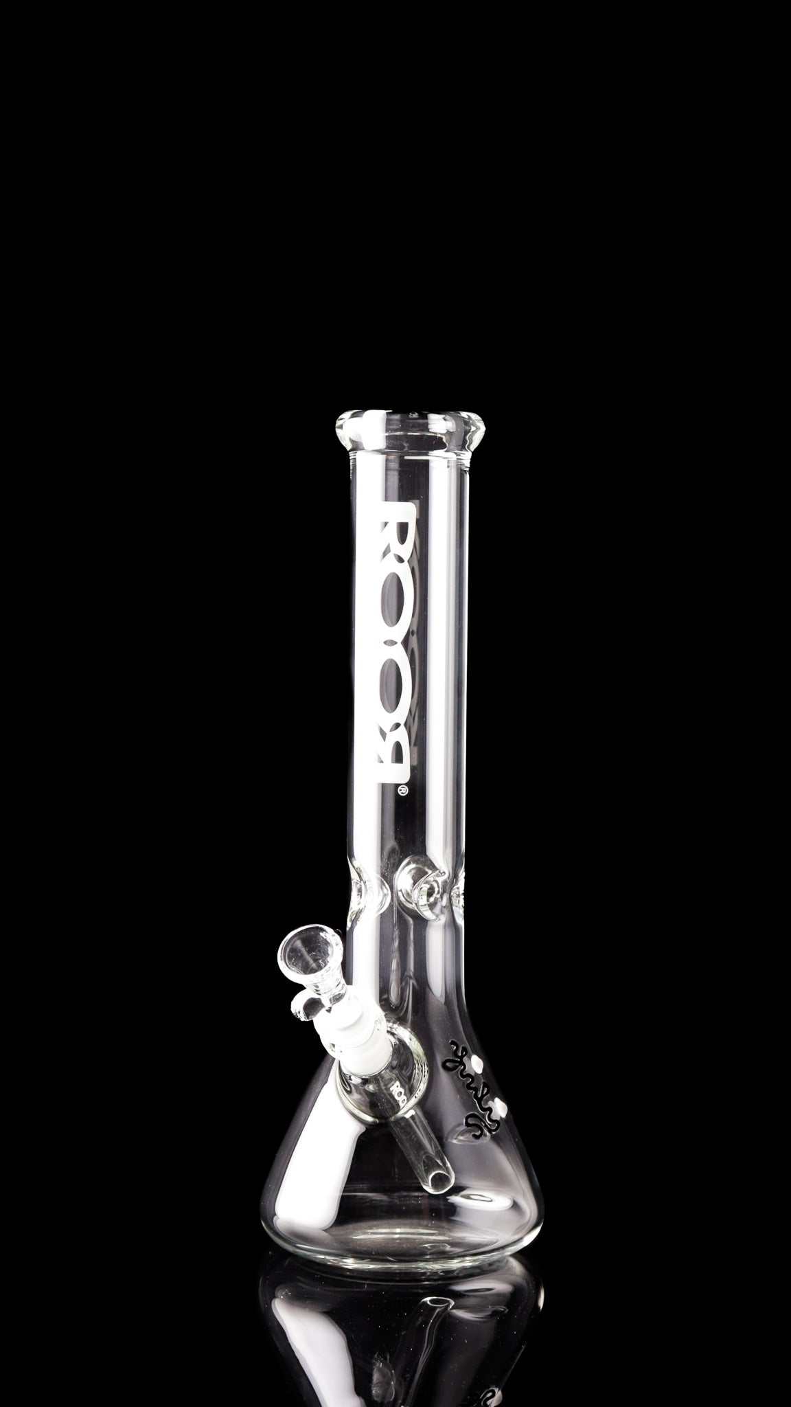 ROOR Classic 14-inch clear glass beaker bong with white logo on black background