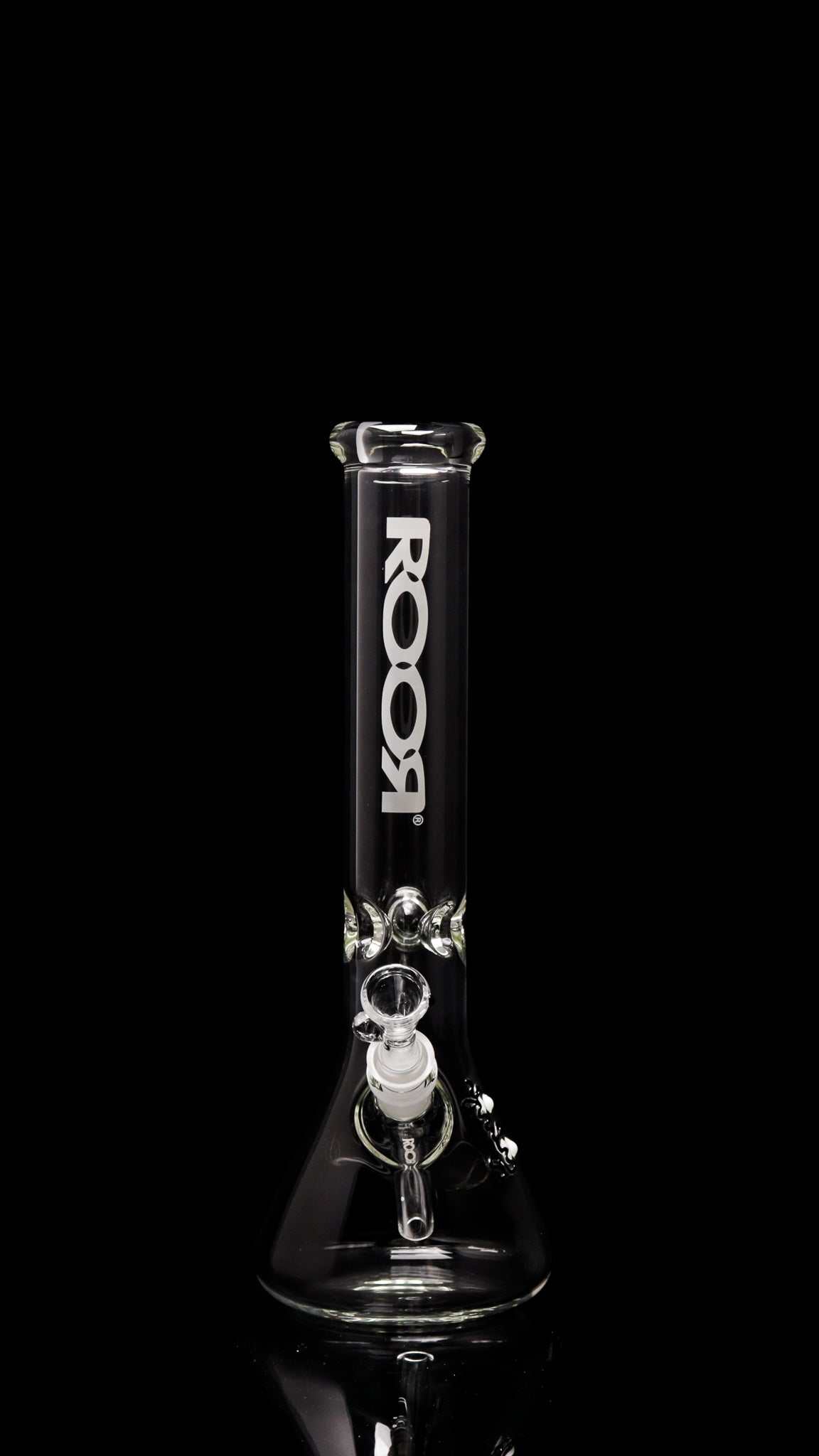 ROOR Classic 14" beaker bong 50x5mm white decal glass tube with ice pinches on black background